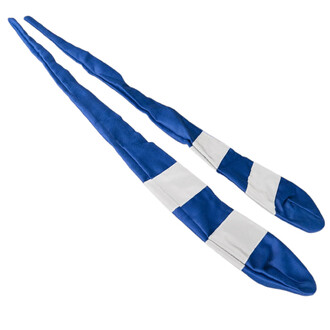 Bolas Chaussettes Techno Status — deux chaussettes bleues longues avec des bandes blanches rectangulaires, disposées en diagonale sur fond blanc.