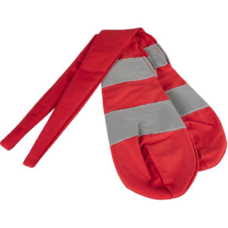 Bolas de jonglage en chaussettes rouges avec bandes grises réfléchissantes et longues cordes rouges.