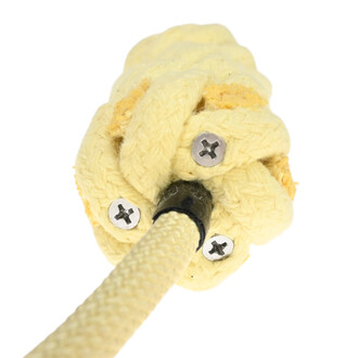 Bolas Feu Nova, avec une tête jaune tissée, présentant des vis métalliques et un cordon de fixation. L'image montre un gros plan sur la partie supérieure du produit.