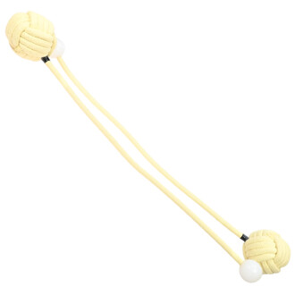 Duas bolas de malabarismo Nova cor creme, unidas por cordões bege e com contas brancas em cada extremidade.
