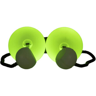 Deux bolas LED vert néon Echo Orbit reliées par un cordon noir, lumière interne visible.