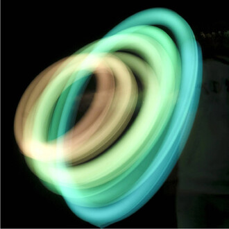 Bolas LED Echo Orbit en mouvement avec traînées lumineuses multicolores (vert, cyan et jaune) sur fond noir.