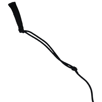 L'image montre une corde noire avec une poignée en tissu texturé à une extrémité et un nœud à l'autre extrémité, sans les bolas lumineuses visibles.