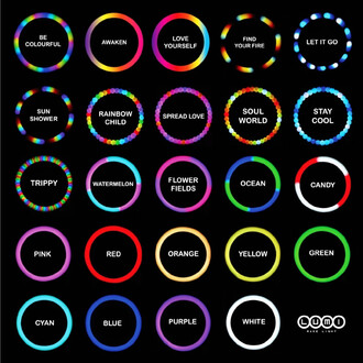 Image montrant différents motifs lumineux disponibles pour les bolas lumineuses USB Prism - Threeworlds, avec des cercles colorés et des mots tels que BE COLOURFUL, LOVE YOURSELF, RAINBOW CHILD, etc. sur fond noir. Les cercles représentent une variété de