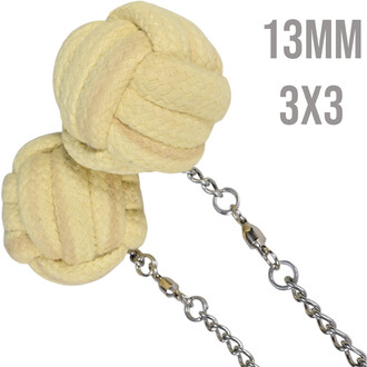 Bolas Monkey Fist Gora, avec deux boules tressées en couleur jaune, reliées par une chaîne en métal, indiquant une taille de 13MM et un motif 3x3.