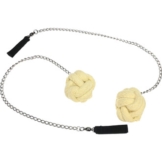 Bolas de jonglerie Monkey de 60 mm, composées de deux boules nouées en corde de couleur beige, fixées à une chaîne argentée, avec des poignées noires pour une prise confortable.