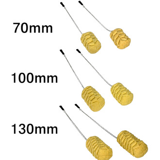 Bolas Moonblaze jaunes en corde tressée suspendues par des chaînes métalliques, affichant les tailles 70 mm, 100 mm et 130 mm.