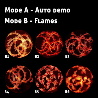 Image montrant le Pixel Poi de Juggle Dream, avec des effets lumineux en mode A - Auto demo et mode B - Flames. La composition présente six cercles avec divers motifs de lumière rouge et orange, illustrant des formes dynamiques et circulaires, incluant de