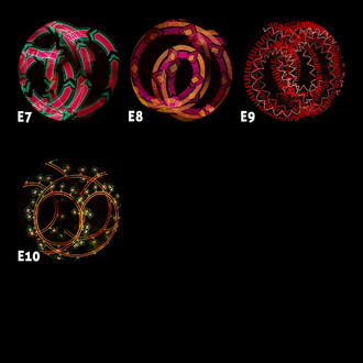 Quatre images de Pixel Poi de Juggle Dream, présentant des motifs lumineux différents : - E7 : motifs lumineux en vert et rouge.- E8 : formes circulaires en rose et violet.- E9 : motifs en rouge sur fond noir.- E10 : motifs lumineux en orange et vert.
