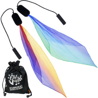 Bolas foulard colorées pour enfants, avec deux manches noires et des foulards légers aux dégradés de bleu, vert, orange et violet, accompagnées d'un sac de rangement en tissu noir portant le logo de Netjuggler.