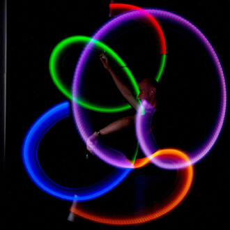 Bolas lumineuses Echo Comet illuminant une scène sombre, créant des cercles de lumière vibrants en rouge, vert, bleu et violet, tandis qu'une personne effectue des mouvements de jonglerie.