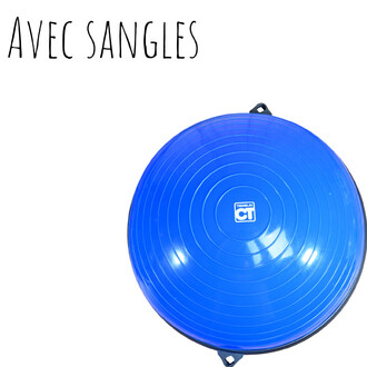 Bosu bleu avec des sangles, affichant une surface lisse et rayée, conçu pour l'exercice et l'équilibre.