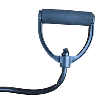 Poignée de résistance de Bosu, avec un revêtement en mousse noire pour un confort optimal. La base est en plastique robuste, conçue pour une utilisation avec des bandes de résistance.