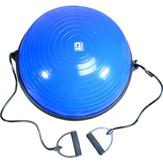 Dispositif d'exercice Bosu de couleur bleue, avec une surface plate et une partie en forme de dôme. Il est équipé de poignées en mousse reliées par des cordons élastiques.