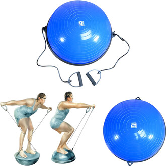 Bosu bleu avec cordes de résistance, accompagné d'illustrations de deux personnes s'exerçant sur le Bosu dans différentes positions.