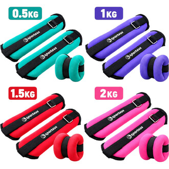 Coppia di braccialetti ponderati con imbottitura e cinturini regolabili, fibbie argentate, disponibili in diversi colori e pesi da 0,5 kg a 2 kg.
