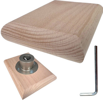 Set di componenti in legno per il mattoncino di equilibrio: blocchi di legno, base in metallo con asse e fissaggio, viti e chiave a brugola, dimostrazione di montaggio eseguibile con una sola mano.