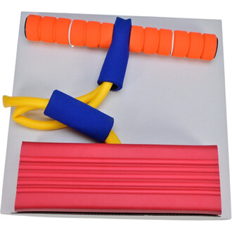 Bungee Sauteur composé d'une poignée orange avec du revêtement en mousse, des tubes en caoutchouc jaune, et une base rouge. L'équipement est présenté sur un fond blanc.