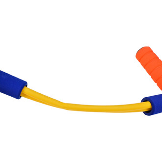 Bungee Sauteur : matériel de jonglerie composé d'une corde jaune flexible avec des poignées en mousse bleu et orange pour un meilleur confort de prise.