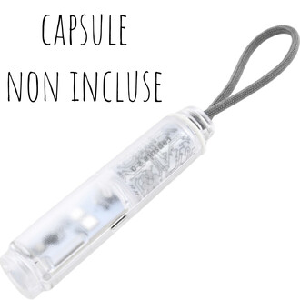Capsule transparente avec cordelette grise attachée et texte Capsule non incluse affiché sur l'image.