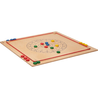 Plateau de jeu en bois avec un design circulaire marqué, contenant des jetons de différentes couleurs (rouges, jaunes, verts, bleus) disposés sur la surface pour jouer à un jeu de société.