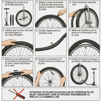 Schéma étape par étape montrant le remplacement d’une chambre à air de vélo 18 pouces : préparation, démontage du pneu, retrait de l’ancienne chambre, inspection, léger gonflage, remise en place et pression finale (avec démonte-pneu et pompe).