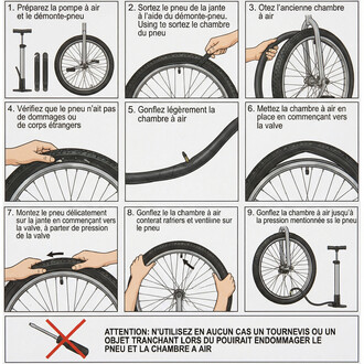 Planche d'instructions en 9 étapes pour changer une chambre à air de vélo 20 pouces large : préparation, démontage, inspection, montage et gonflage, avec avertissements.
