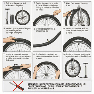 Schéma étape par étape pour remplacer une chambre à air de pneu 20 pouces: préparation des outils, démonter le pneu, retirer l’ancienne chambre, vérifier le pneu, gonfler légèrement, insérer la nouvelle chambre, remonter le pneu et gonfler à la pression i