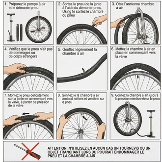 Guide illustré en 9 étapes pour changer une chambre à air de vélo 24 pouces: préparation et démontage du pneu, retrait de l’ancienne chambre, vérification des dommages, gonflage léger de la nouvelle chambre, insertion et alignement sur la valve, remontage