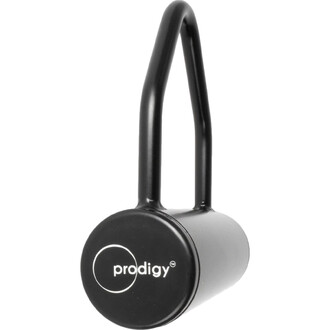 Cloche à tissu Prodigy noire avec disque rond et logo Prodigy blanc, et une anse en forme de U.