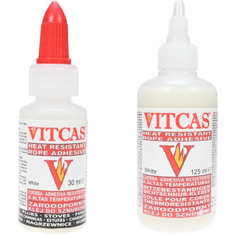 Deux bouteilles de colle résistante à la chaleur de la marque Vitcas. À gauche, une bouteille de 30 ml avec un bouchon rouge et une étiquette détaillant ses caractéristiques. À droite, une bouteille de 125 ml avec un bouchon noir et une étiquette similair