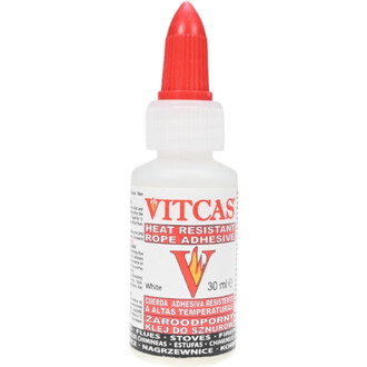 Flacon de colle résistant à la chaleur, marque Vitcas, contenant 30 ml. Étiquette blanche avec le texte HEAT RESISTANT ROPE ADHESIVE et un logo avec une flamme.