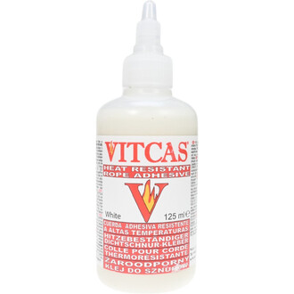 Bouteille de colle pour corde thermorésistante Vitcas, 125 ml, avec un design en rouge et blanc, portant le logo V et des informations sur le produit en plusieurs langues.