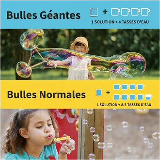 Concentré Uncle Bubbles 1:9 – 3 sachets de 50 ml; packaging bleu et jaune montrant Bulles Géantes et Bulles Normales, avec enfants faisant et soufflant des bulles.