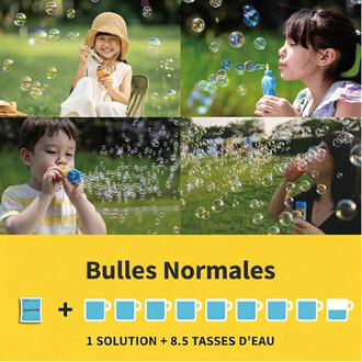 Collage de quatre scènes montrant des enfants qui font des bulles avec le concentré Uncle Bubbles 1:9 (50 ml, 3 sachets) dans un parc ; flacon bleu et bulles, bandeau jaune en bas affichant Bulles Normales et 1 Solution + 8.5 Tasses D'Eau avec des tasses 
