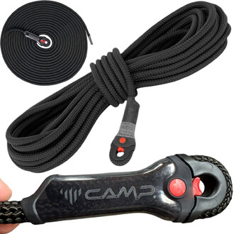 Corde Iridium statique de 10,5 mm avec boucle, présentée en trois images : une vue enroulée, une vue dépliée montrant la longueur, et un gros plan sur l'extrémité avec un attaché noir et rouge marqué CAMP.
