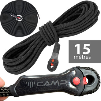 Corde Iridium statique de 10.5 mm, noire, enroulée avec une boucle à une extrémité. Longueur de 15 mètres. Détails du produit en bas à droite. Logo de la marque C.A.M.P. visible sur la boucle.