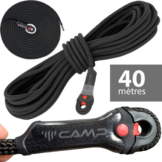 Corde statique Iridium de 10.5 mm, disponible en longueur de 40 mètres, présentée enroulée avec une boucle à l'extrémité. La corde est noire avec un marquage rouge sur le point d'attache.