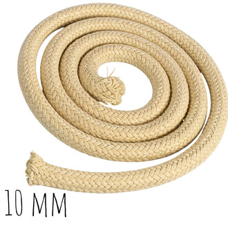 Corde tressée beige enroulée en spirale avec extrémité effilochée, diamètre 10 mm.