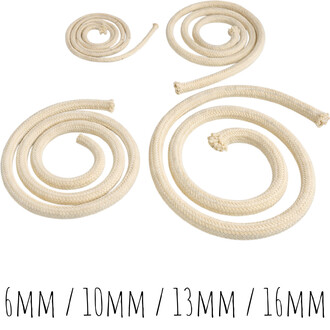 Corde Kevlar tressée naturelle présentée en bobines, diamètres 6 mm, 10 mm, 13 mm et 16 mm.