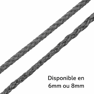 Corde Technora à huit brins gris, vue en gros plan sur la tresse torsadée avec le texte « Disponible en 6mm ou 8mm » en bas.