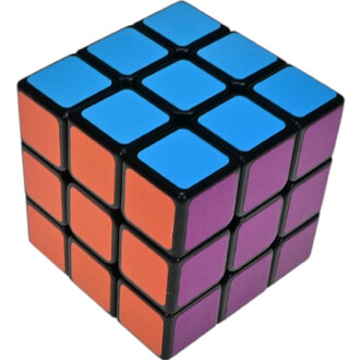 Cube casse-tête en plastique avec des faces colorées bleu, orange et violet, présentant une structure de 3x3 cases.