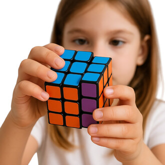 Enfant tenant un cube casse-tête coloré, avec des faces bleu, orange et violet, concentré sur la résolution du puzzle.