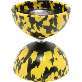 Diabolo Arlequin Medium MB avec un design en motifs jaunes et noirs, comprenant une coupelle supérieure et une base sphérique inférieure, monté sur un axe central.