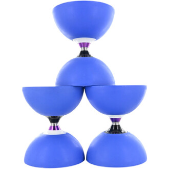 Diabolo Cyclone 5 Roulements bleu, cinq coques de diabolo bleues empilées autour d’un axe central argenté avec bague et bouchons violets.
