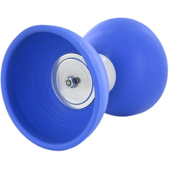 Diabolo bleu Cyclone 5 à roulements, vue rapprochée montrant les deux coupelles bleues et l'axe central en métal avec écrou.