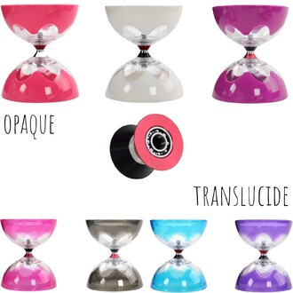 Diabolo Hyperspin à roulements – diabolos colorés opaques et translucides avec roulement central visible.