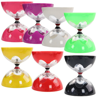 Lot de diabolo Hyperspin à roulements, diabolos colorés multicolores (rose, violet, blanc, vert néon, jaune, rouge et noir) affichés sur fond blanc.