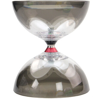 Diabolo Hyperspin à roulements: diabolo à deux coupelles transparentes gris foncé, axe central et moyeu rouge, photo produit sur fond blanc.