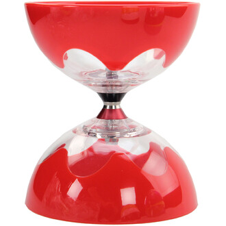 Diabolo Hyperspin à roulements rouge vif, avec deux coupelles rouges brillantes et l’axe central transparent visible.